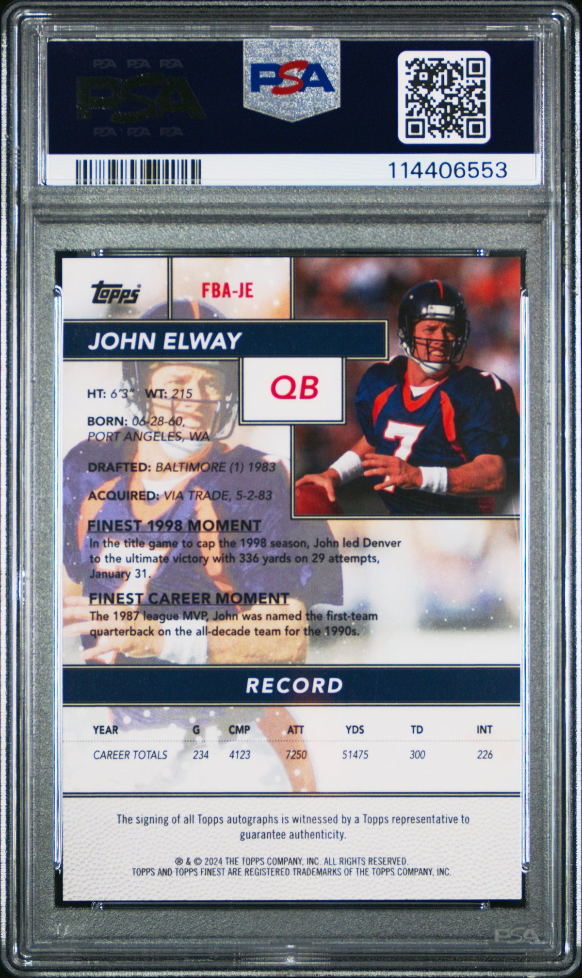 2024 Topps Finest Flashback Auto John Elway #FBAJE Oil Spill Ref 07/10 PSA 10