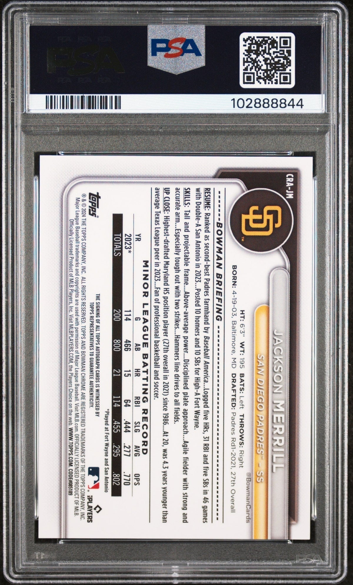 2024 Bowman Chrome  Rookie Auto Jackson Merrill #CRAJM Gold Refractor PSA 10