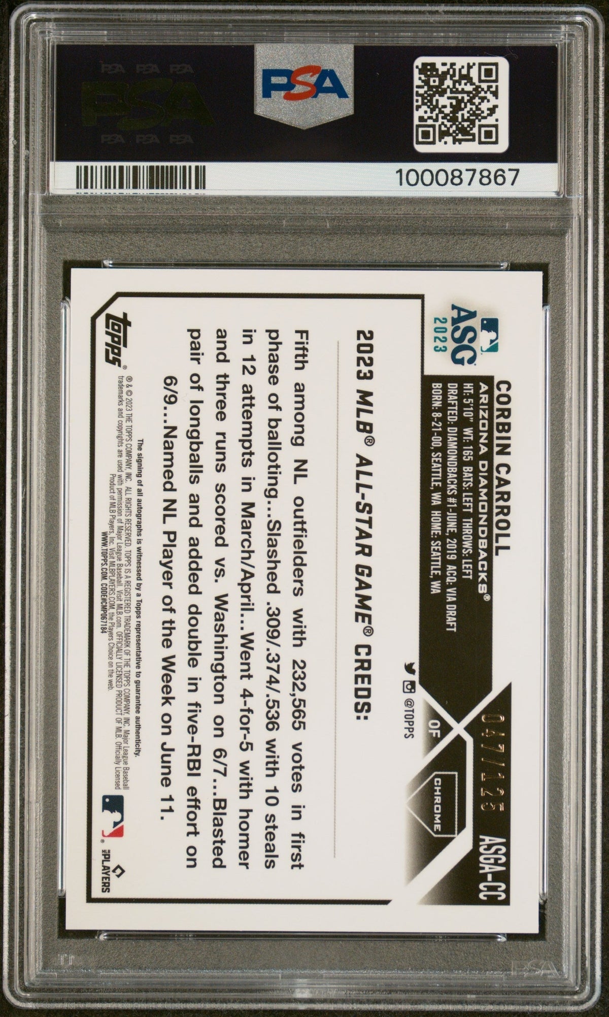 2023 Topps Chrome  2023 All-Star Game Auto Corbin Carroll #CC  X Fractor PSA 10