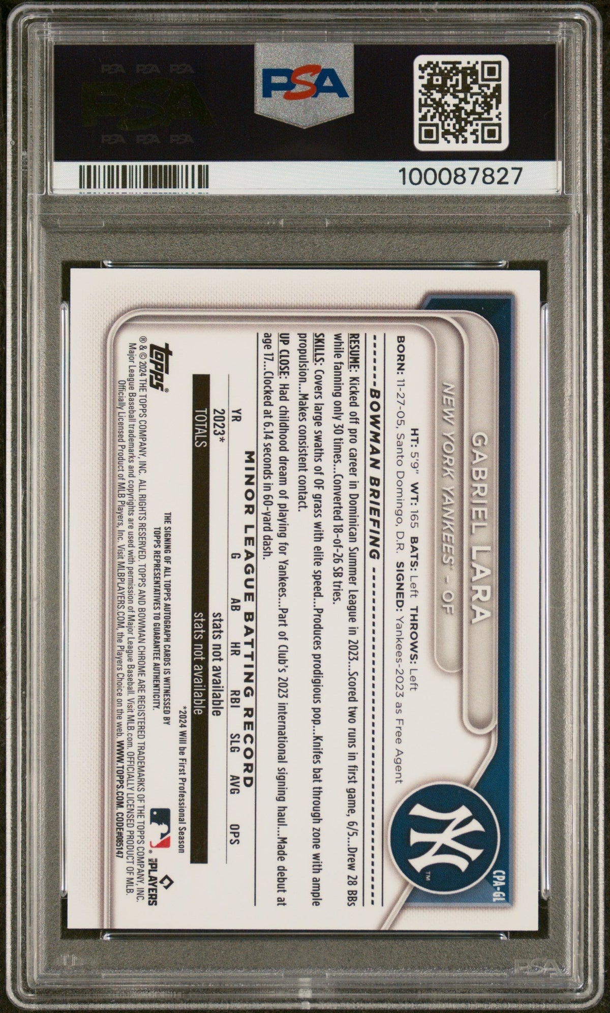 2024 Bowman Chrome Prospect Auto Gabriel Lara #CPAGL Purple Ref 002/250 PSA 9