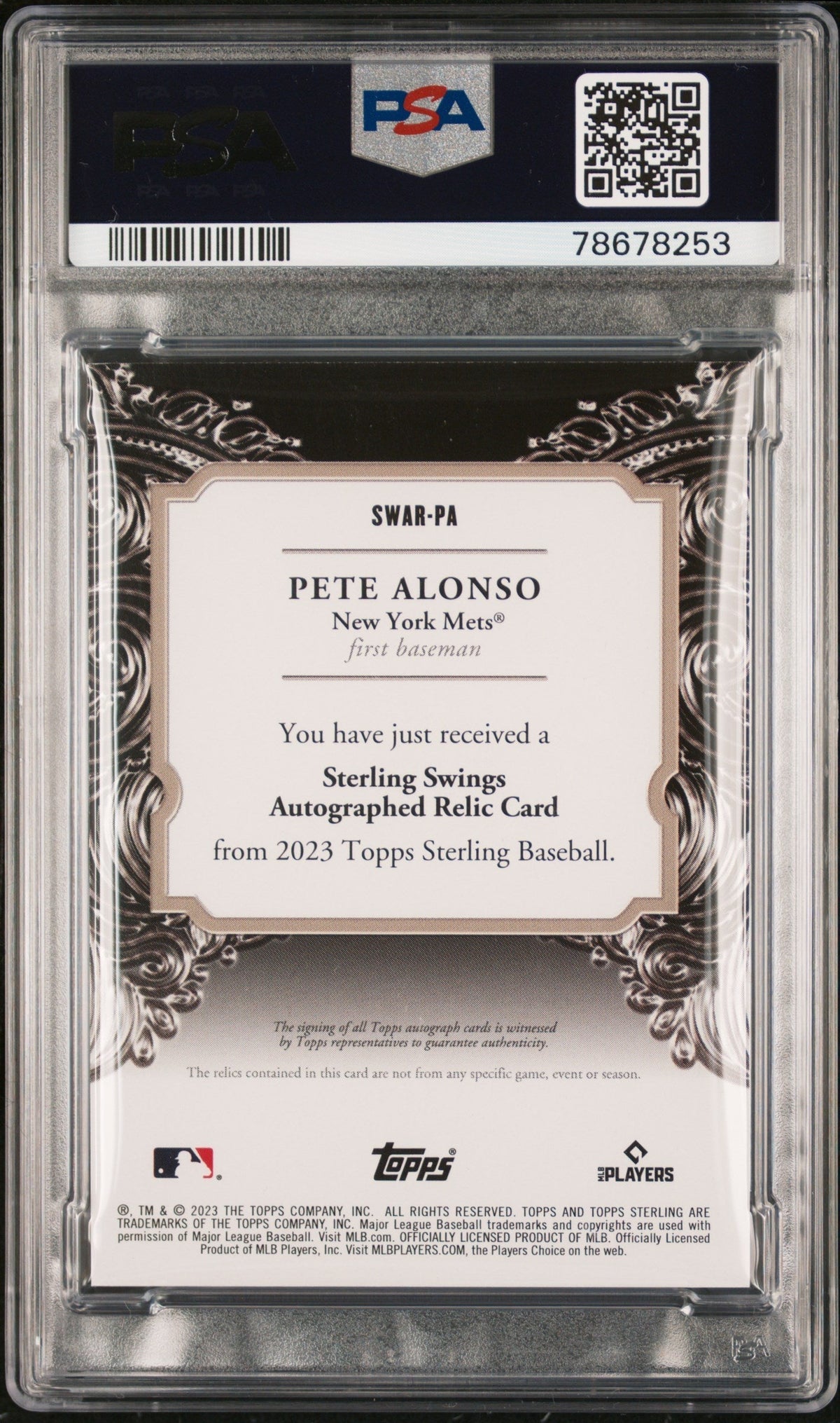 2023 Topps Sterling Sterling Swings Auto Relics Pete Alonso #SWARPA Rlcs PSA