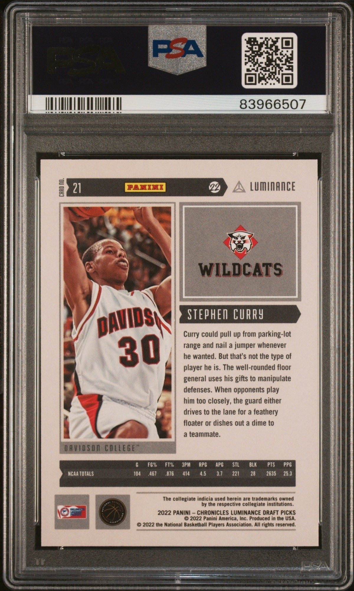 2022 Panini Chronicles Draft Luminance Stephen Curry #21 Plat. 1/1 PSA A Auto 10