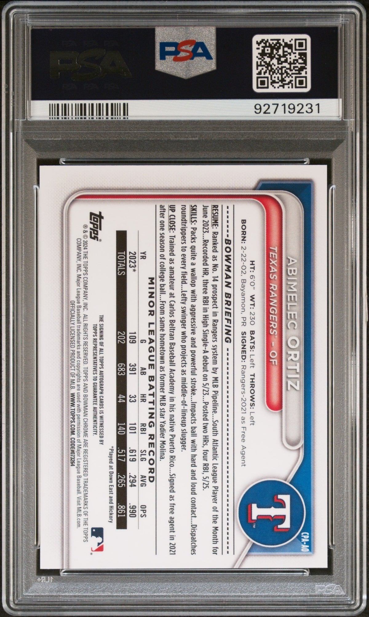 2024 Bowman Prospect Auto Abimelec Ortiz #CPAAO  Blu Lunar Ref /150 PSA 10