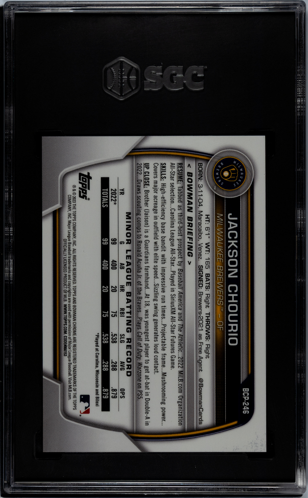 2023 Bowman Sapphire Jackson Chourio #BCP-246 CHR. Pros. Var. Orange SGC 10