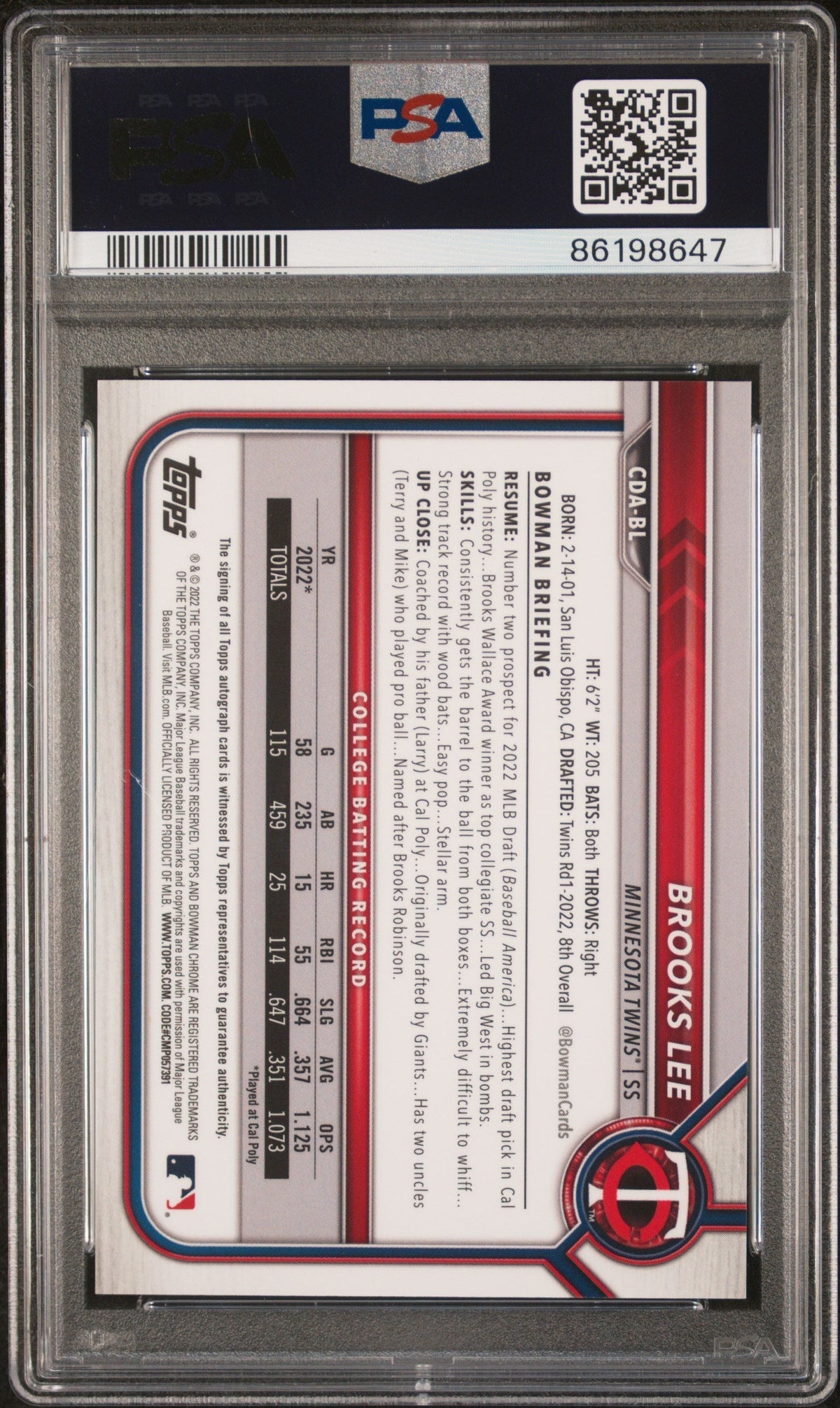 2022 Bowman Draft Chrome  Pick Auto Brooks Lee #CDABL DP Orange Refractor PSA 10