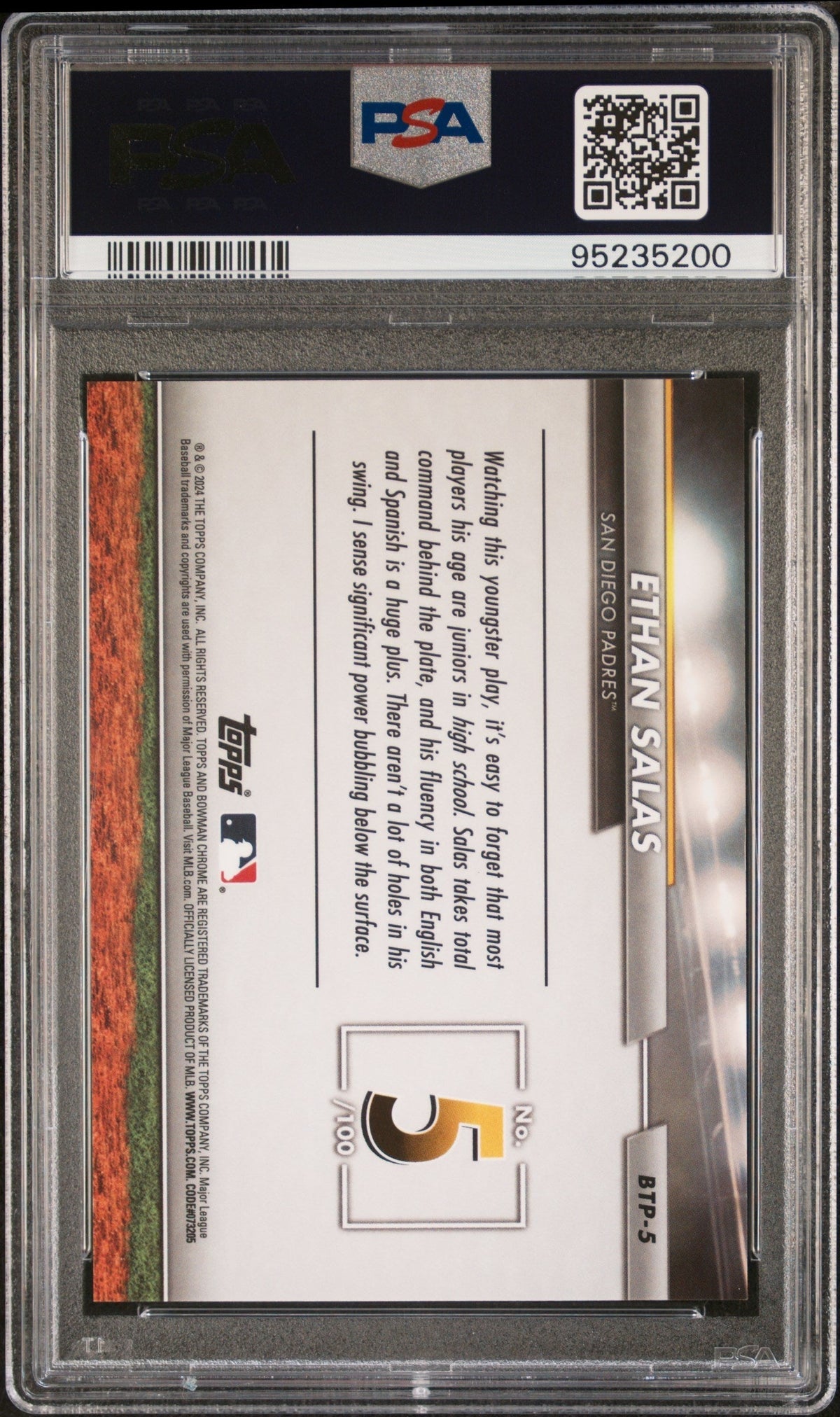 2024 Bowman Bowman Scouts' Top 100 Ethan Salas #BTP5 Orange Ref PSA 10