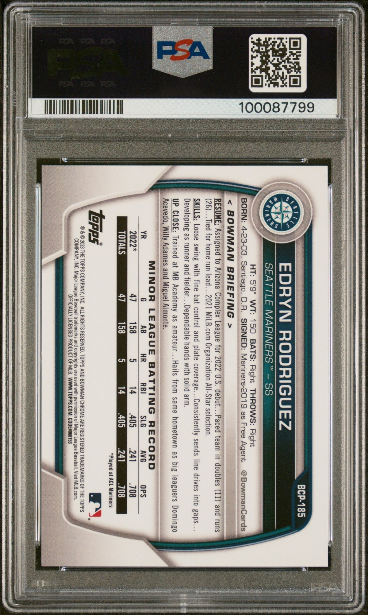 2023 Bowman Chrome Sapphire Edition  Edryn Rodriguez #185 Purple /25 PSA 10