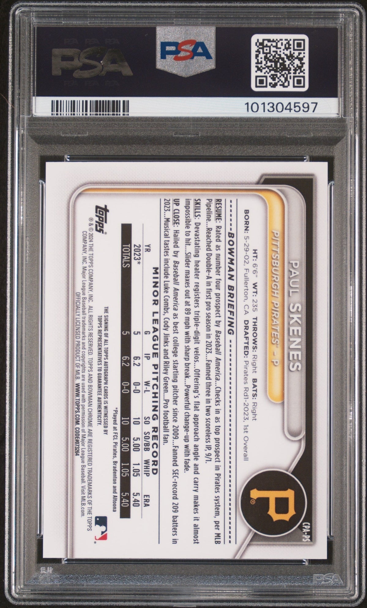 2024 Bowman Chrome Prospect Autographs Paul Skenes #CPAPS Green Ref 33/99 PSA 10