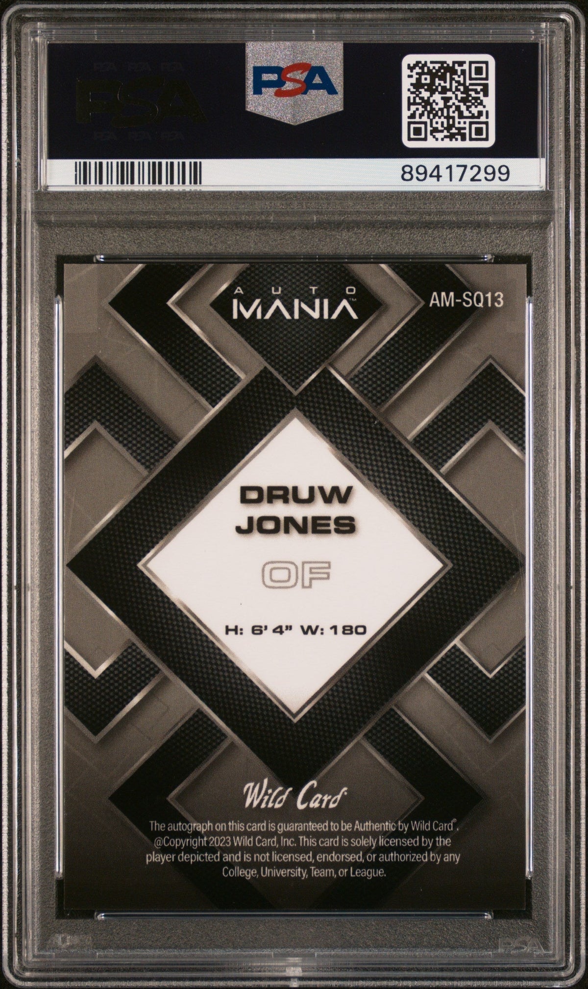 2023 Wild Card Auto Mania Auto Druw Jones #AMSQ13 SQR Red 1/10 PSA 10