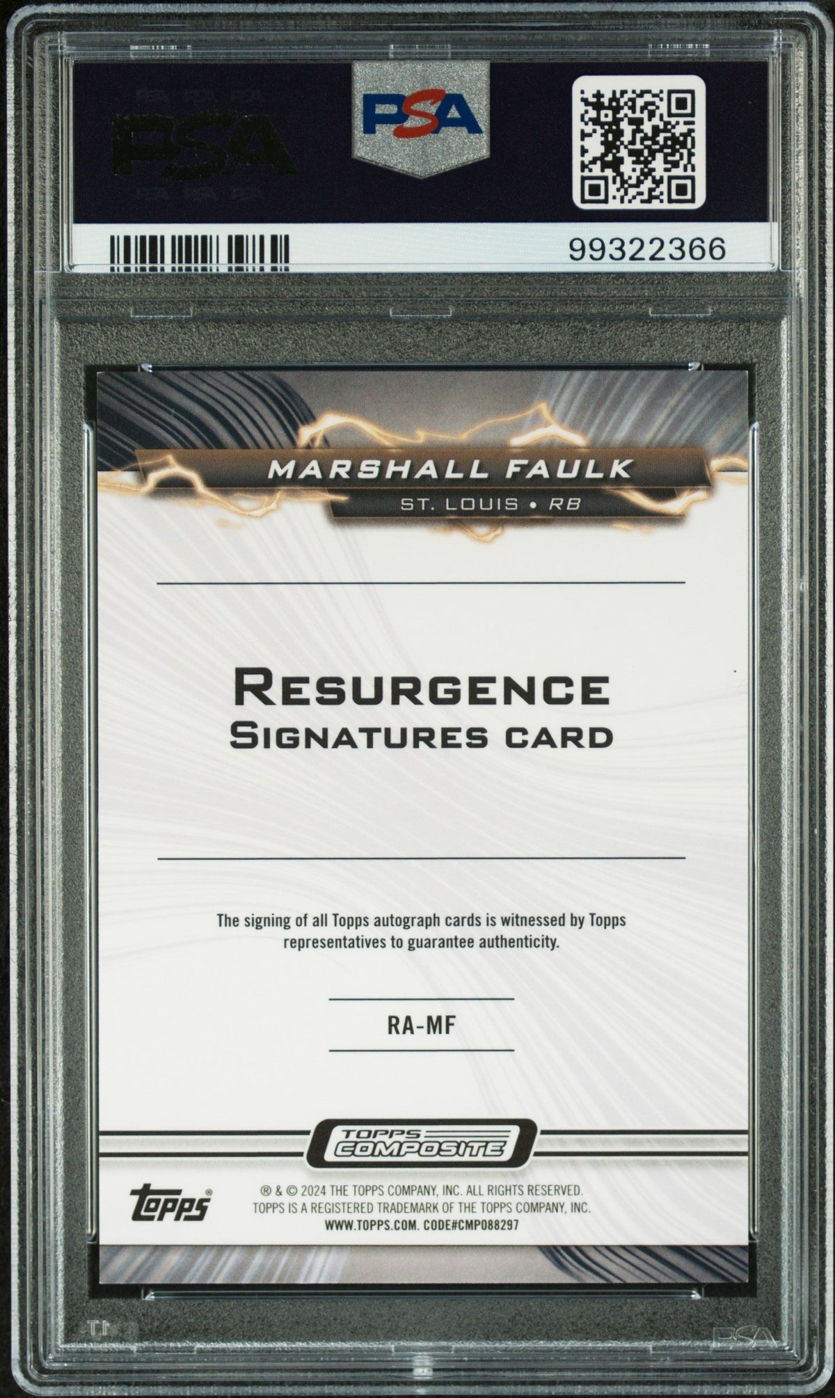 2023 Topps Resurgence Auto Marshall Faulk #RAMF Rsrgnc Superfractor 1/1 PSA 9