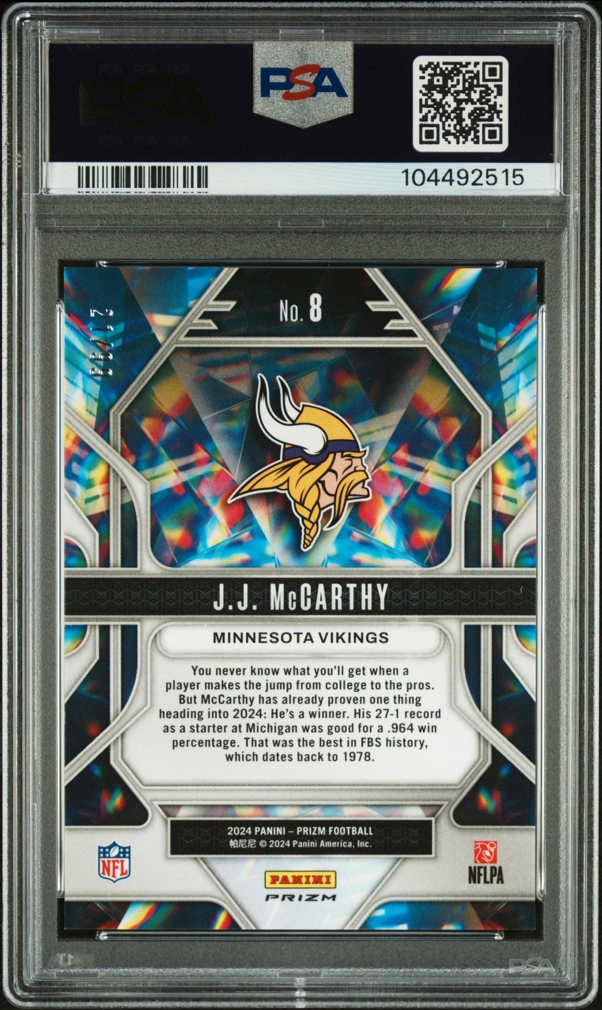 2024 Panini Prizm Prizmatic JJ Mccarthy #8 Blue Ice PSA 10