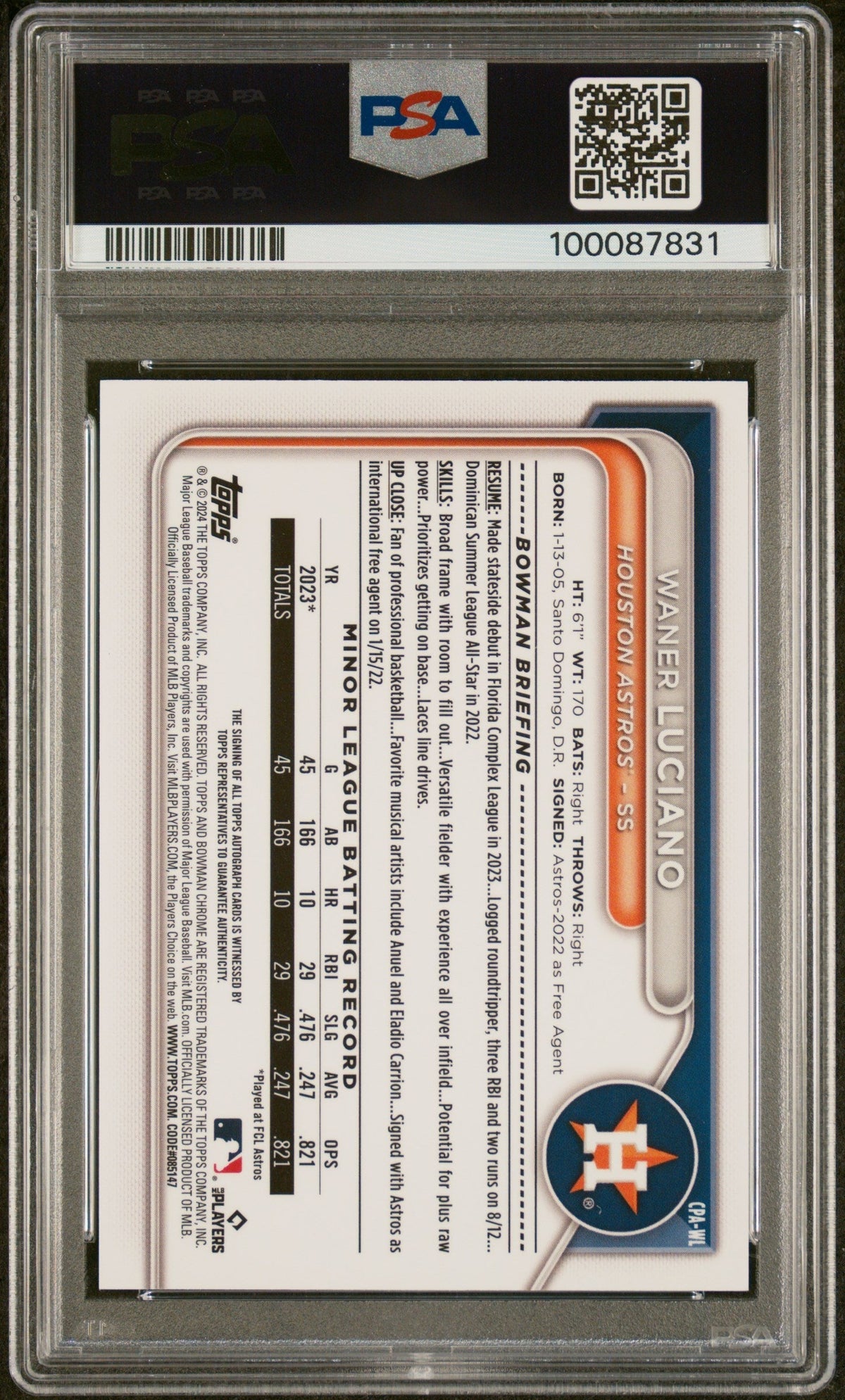 2024 Bowman Chrome Prospect Autographs Waner Luciano #CPAWL Blue Ref /150 PSA 9