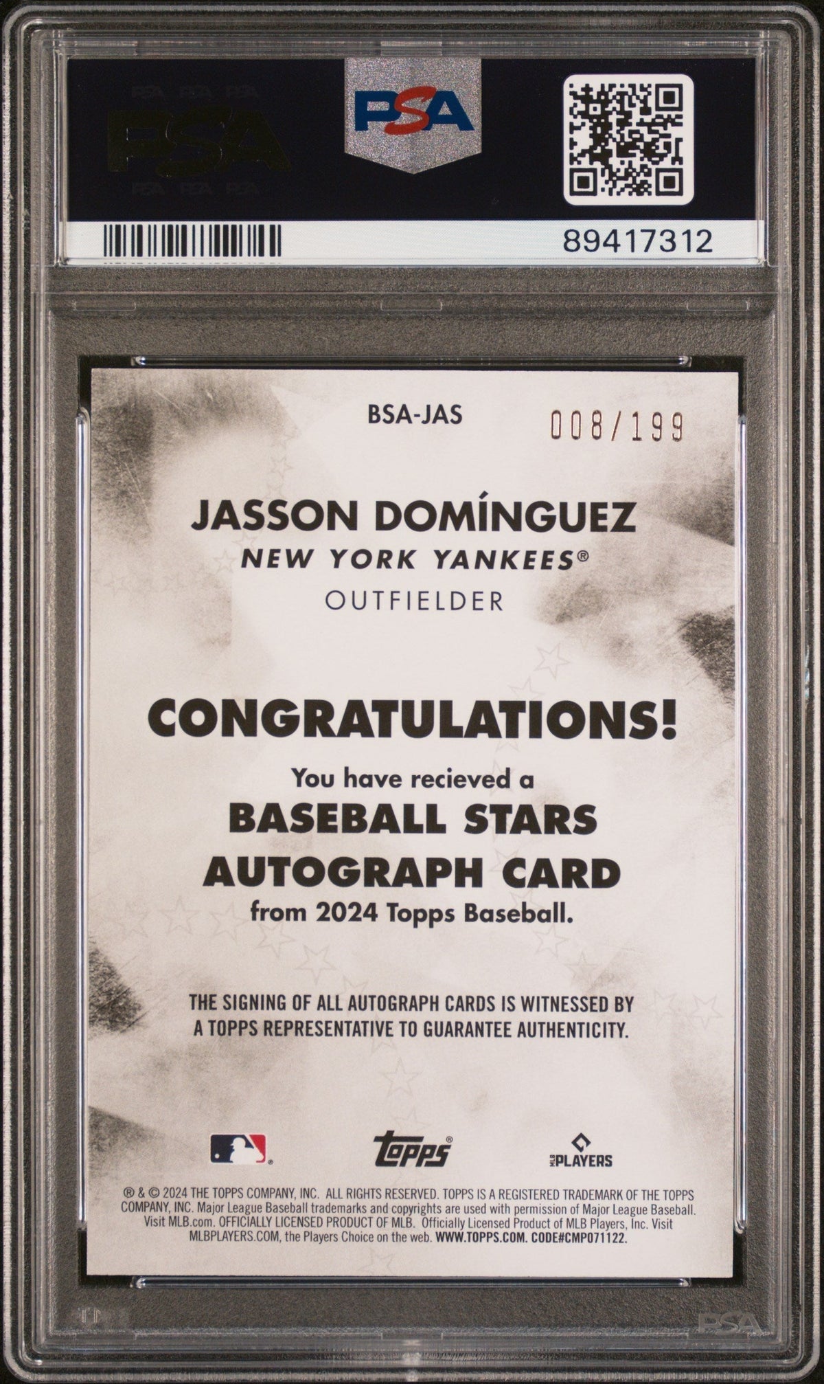 2024 Topps Baseball Stars Autographs Jasson Dominguez #BSAJAS Black PSA 10