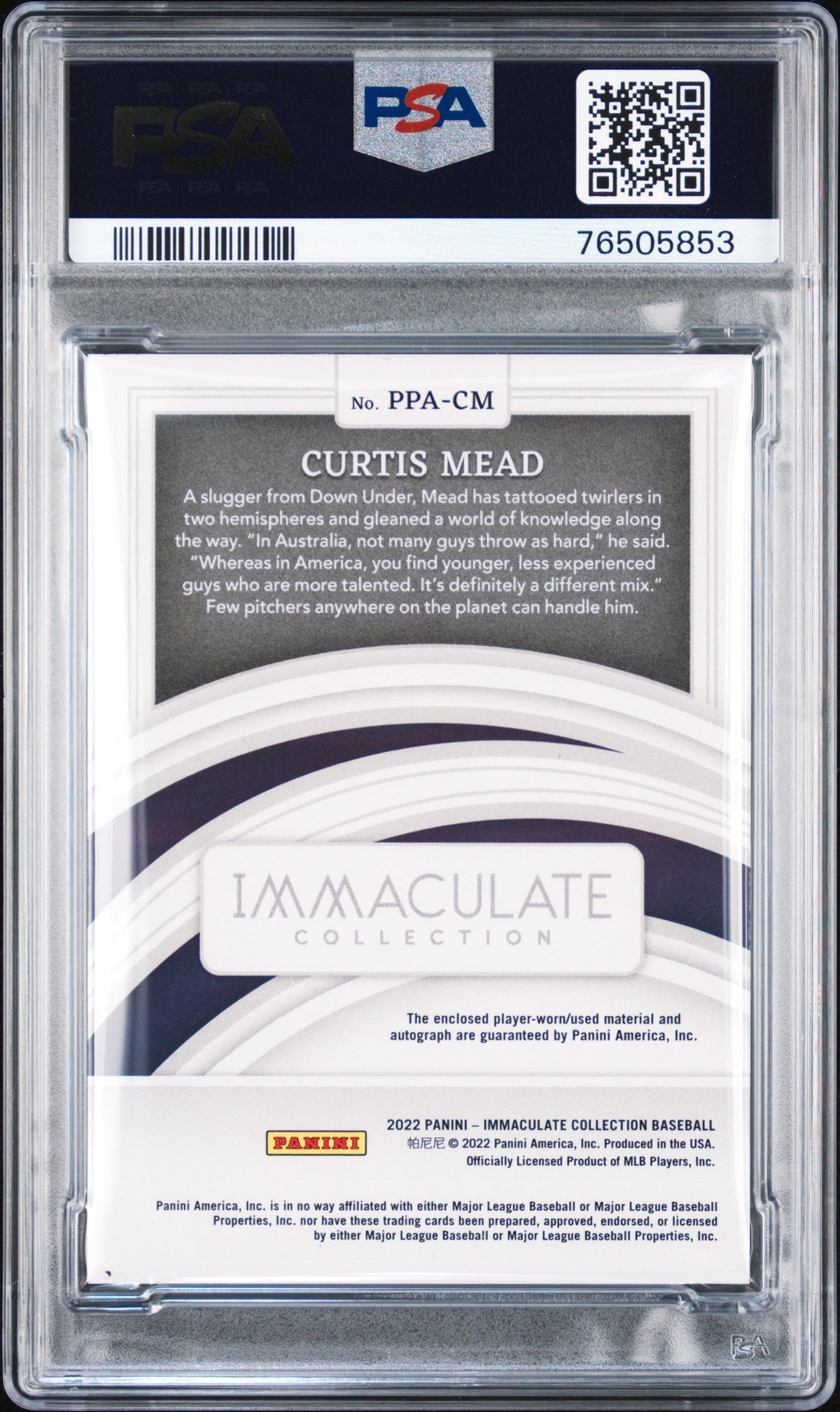 2022 Panini Immaculate Patch Auto Curtis Mead #PPACM Pros. Au Silver /25 PSA 10