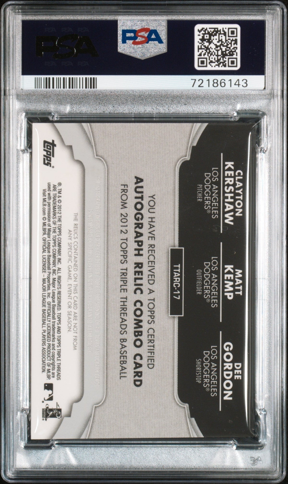 2012 Topps Triple Threads Autograph Relic  Gordon Kemp Kershaw #17 /36 PSA 9
