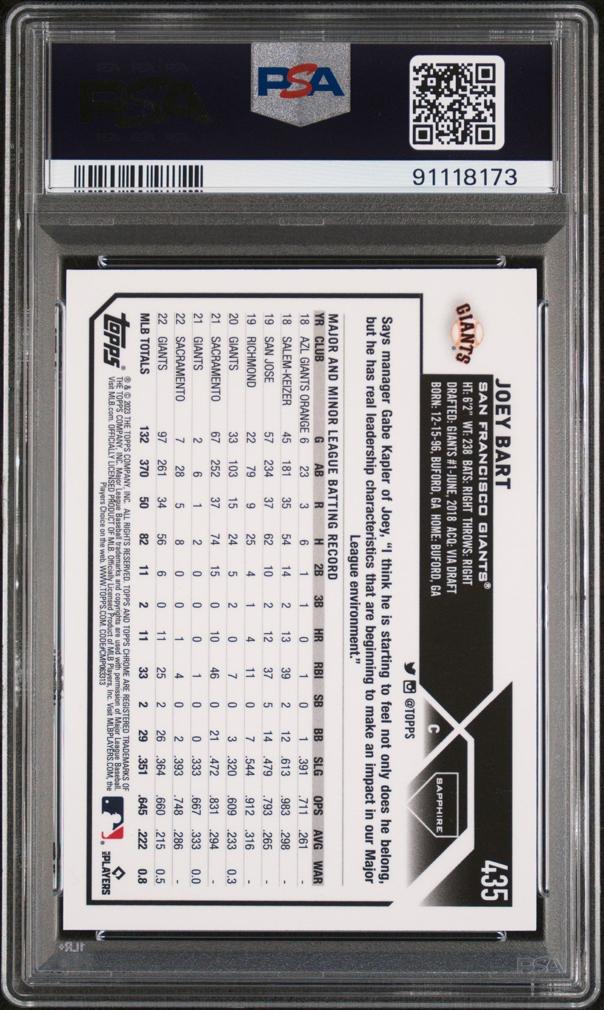 2023 Topps Chrome Sapphire Joey Bart #435 Orange 15/25 PSA 10