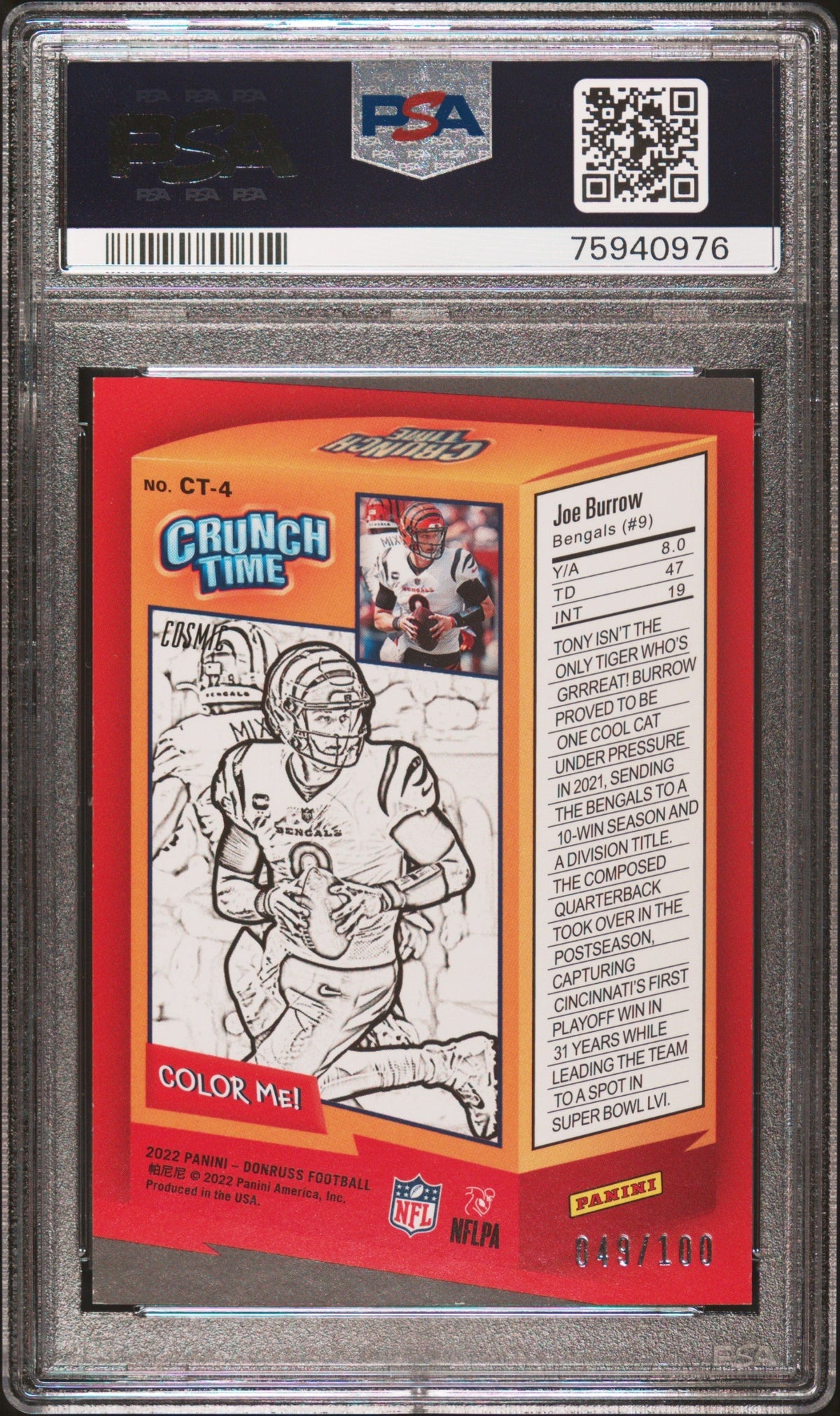 2022 Panini Donruss Crunch Time Joe Burrow #CT4 Cosmic PSA 9