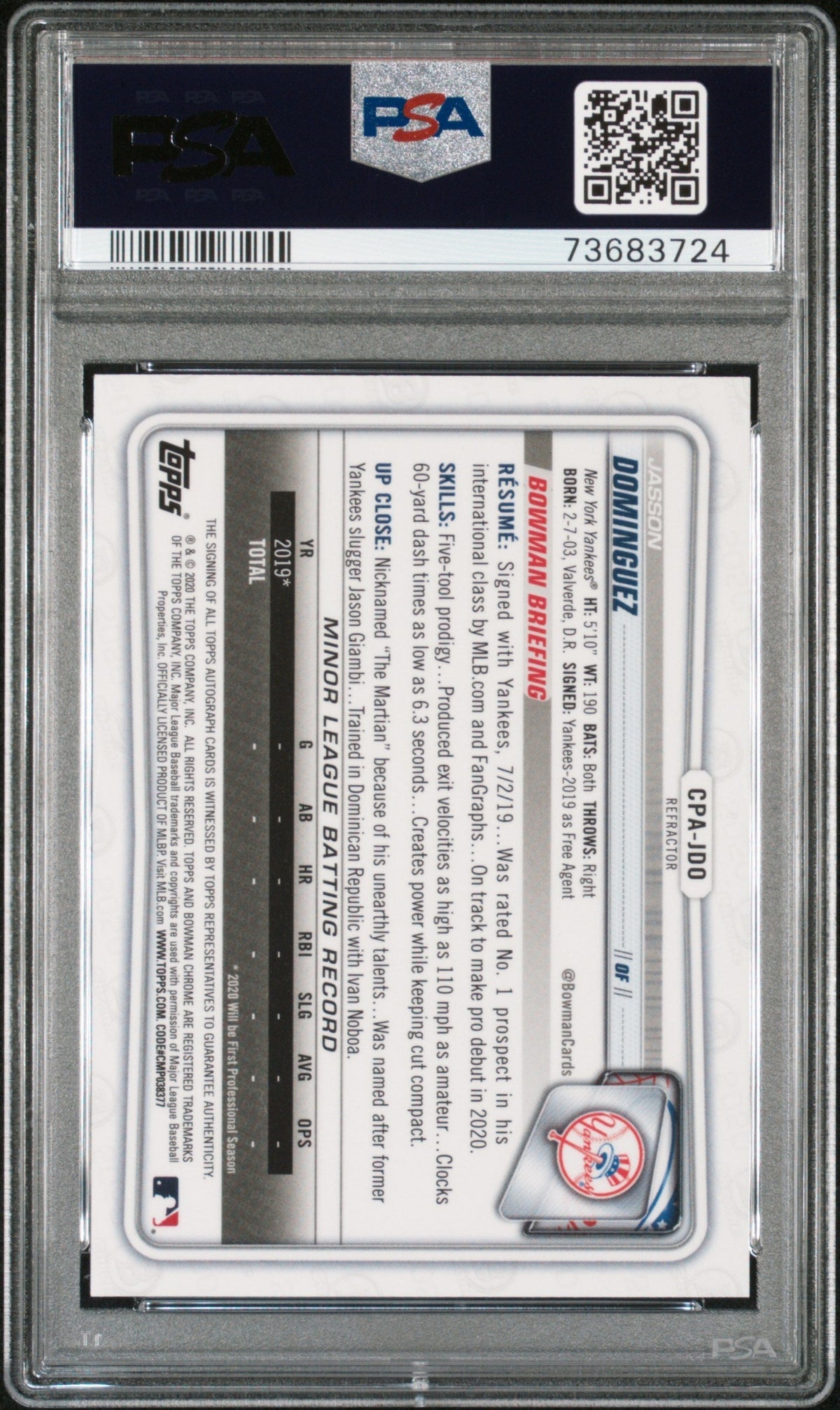 2020 Bowman Chrome Prospect Autographs Jasson Dominguez #CPAJDO Refractor PSA 10