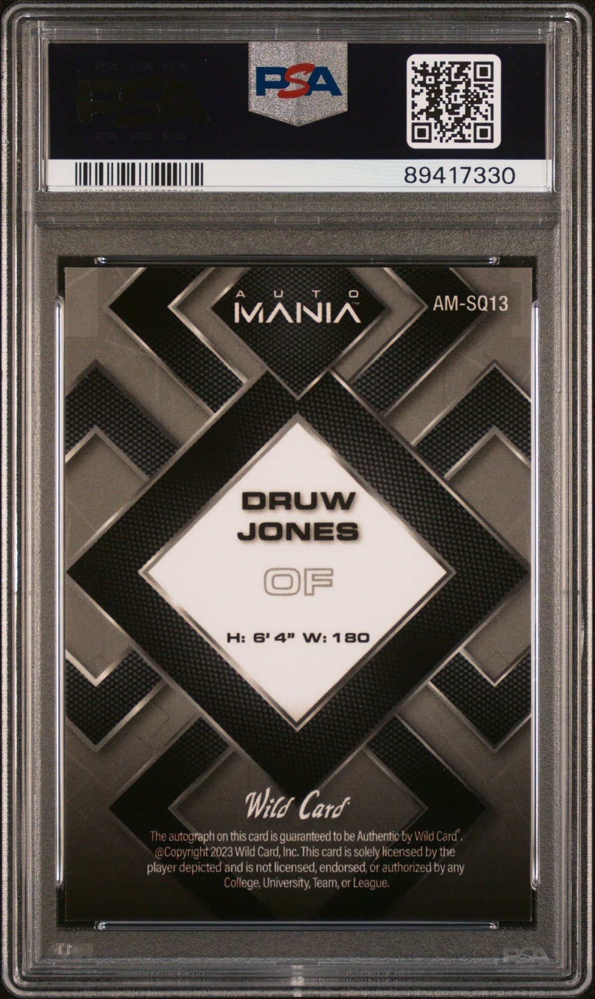 2023 Wild Card Auto Mania Autographs Druw Jones #AMSQ13 SQR  Red 2/6 PSA 10