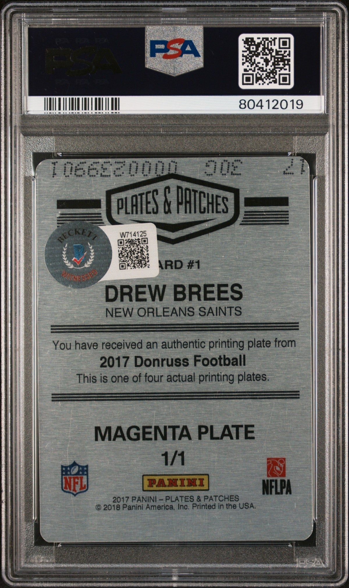 2017 Panini Plates & Patches Printing Plate Drew Brees  Mag. PP 1/1 PSA A Auto 8