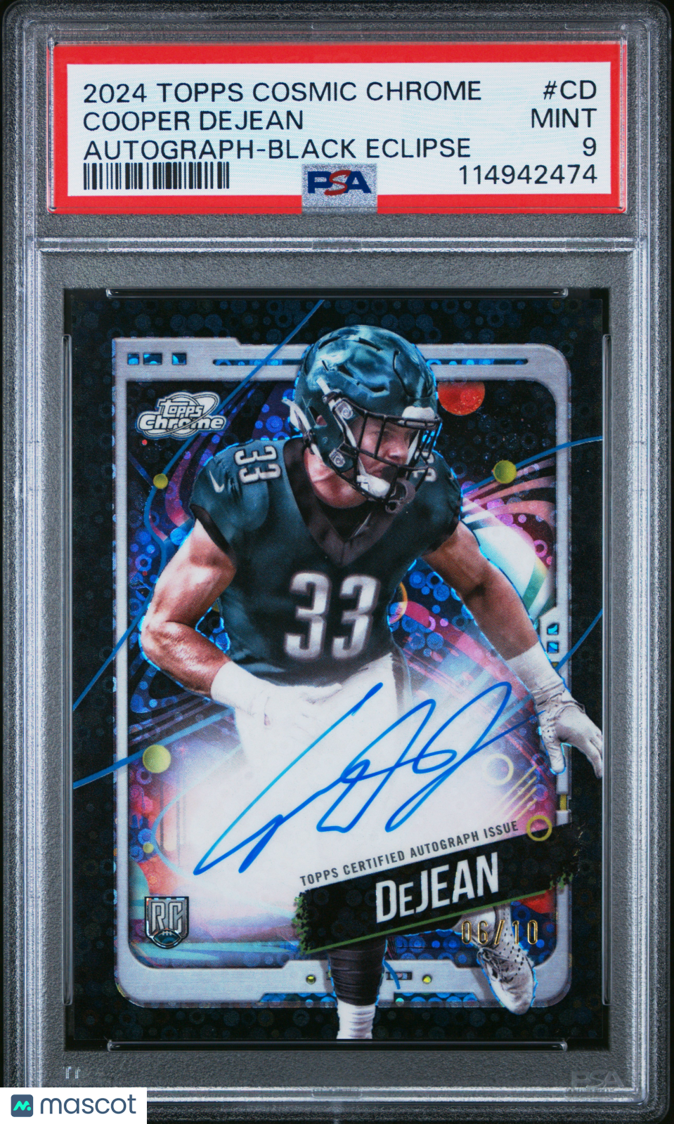 2024 Topps Cosmic Cosmic Chrome Auto Cooper Dejean #CD Black Eclipse /10 PSA 9