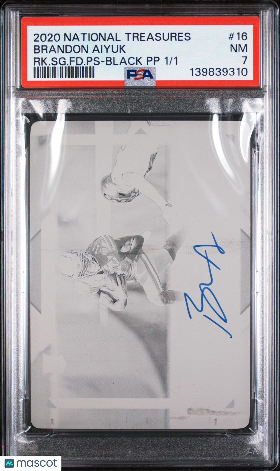 2020 Panini  Rookie Pass Brandon Aiyuk #16 RK. SG. FD. PS Black PP 1/1 PSA 7