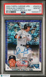 2023 Topps Chrome Auto Oswaldo Cabrera #RAOCA Purple Speckle Ref /299 PSA 10