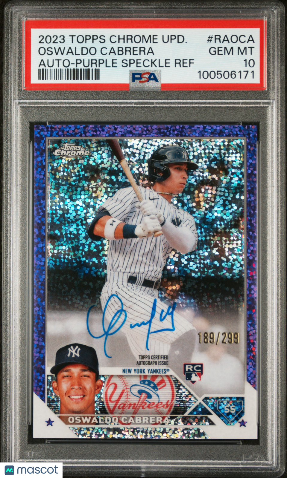 2023 Topps Chrome Auto Oswaldo Cabrera #RAOCA Purple Speckle Ref /299 PSA 10